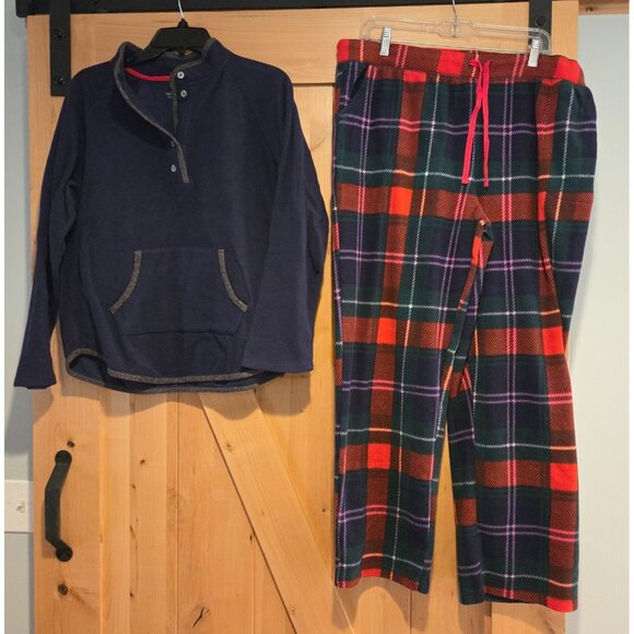Cuddl Duds Women's L Blue Red Fleece Henley Pajama 2 Piece Set Drawstring - Picture 1 of 16